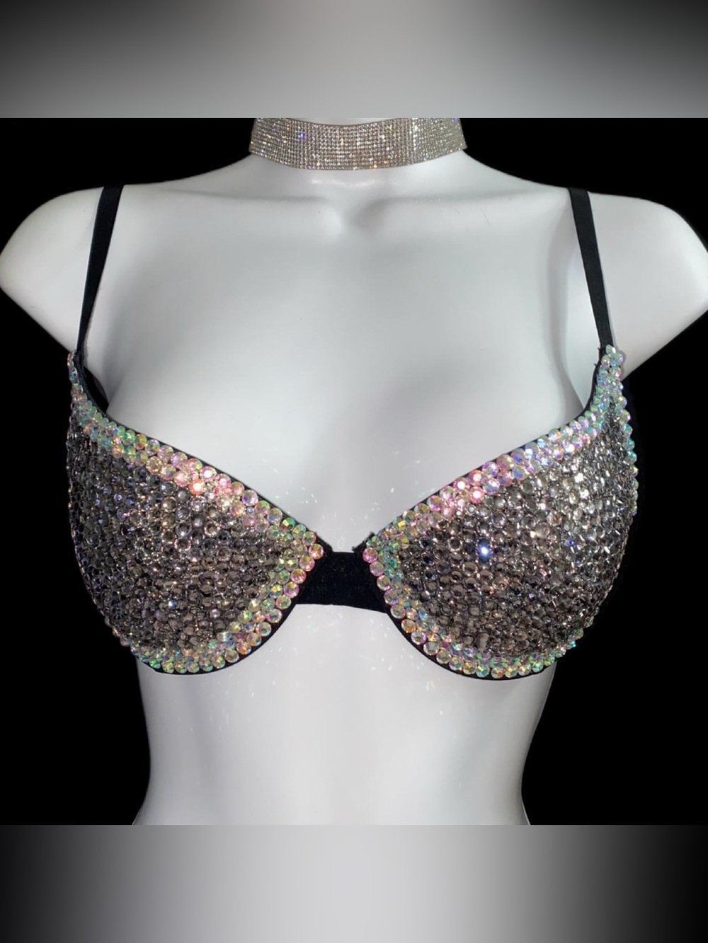 38C Black Diamond & AB Crystal Design Rhinestone Crystal Glam Bra New Custom